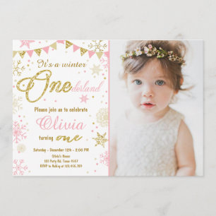 Winter Onederland invitation anniversaire Pink Gol