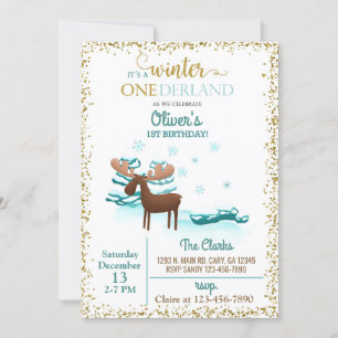 Winter Onederland moose boy 1st first birthday. Invitation