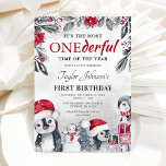 Winter Onederland Penguin Christmas 1st Birthday Invitation<br><div class="desc">First birthday christmas party invitations featuring a washed out grey background,  elegant watercolor xmas florals & foliage,  cute baby penguins,  snowman,  gifts,  and a elegant personalized 1st birthday template that is easy to customize.</div>