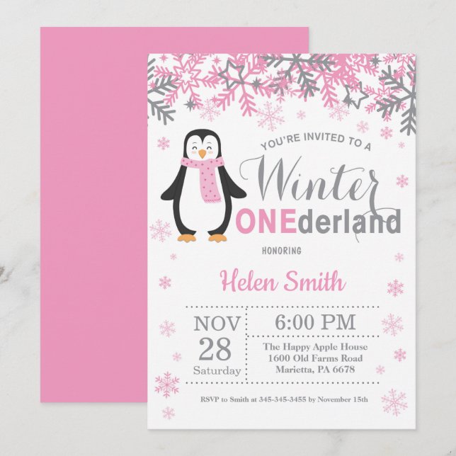 Winter Onederland Penguin Girl 1st Birthday Invitation (Front/Back)