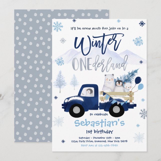 Winter ONEderland Penguin Polar Bear Birthday Invitation (Front/Back)