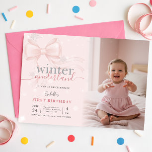 Winter ONEderland Photo Pink Bow First Birthday Invitation
