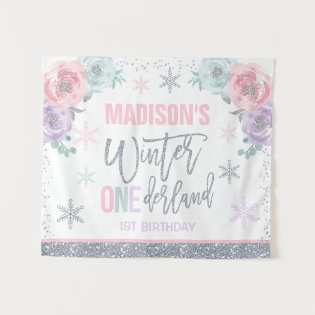 Winter ONEderland Pink 1st Birthday Decorations Tapestry (Front (Horizontal))