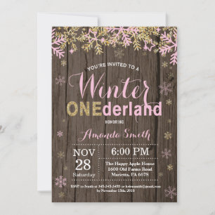 Winter Onederland Pink and Gold Girl 1st Birthday Invitation