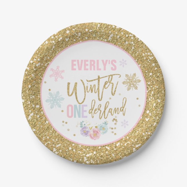 Winter ONEderland Pink And Gold Paper Plate (Front)