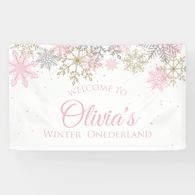 Winter Onederland Pink and Gold Welcome Banner (Horizontal)