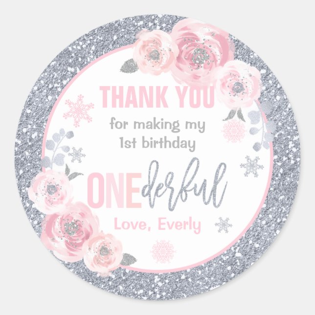 Winter ONEderland Pink And Silver Birthday Favours Classic Round Sticker (Front)