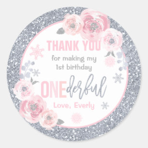 Winter ONEderland Pink And Silver Birthday Favours Classic Round Sticker