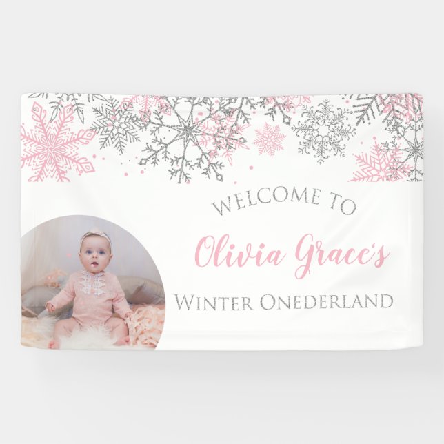 Winter Onederland Pink and Silver Snowflakes Photo Banner (Horizontal)