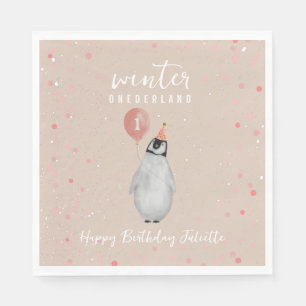 Winter Onederland Pink Balloon Penguin Birthday Napkin
