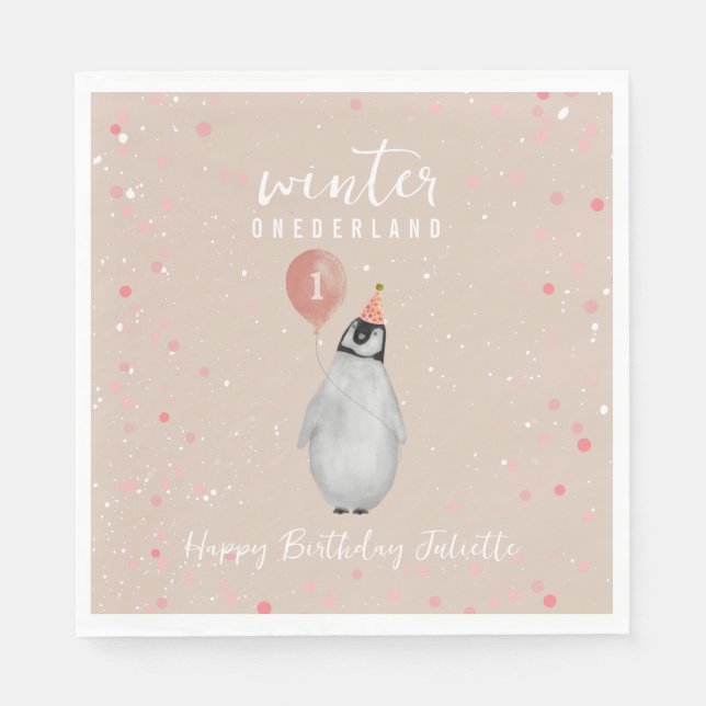 Winter Onederland Pink Balloon Penguin Birthday Napkin (Front)