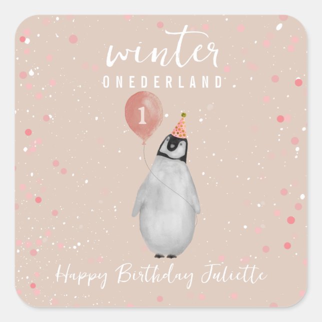 Winter Onederland Pink Balloon Penguin Birthday Square Sticker (Front)