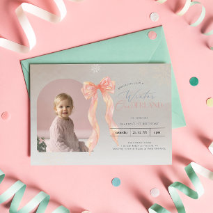 Winter Onederland Pink Bow 1st Birthday Arch Photo Invitation