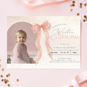 Winter Onederland Pink Bow 1st Birthday Arch Photo Invitation