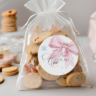 Winter ONEderland Pink Bow 1st Birthday Party Classic Round Sticker