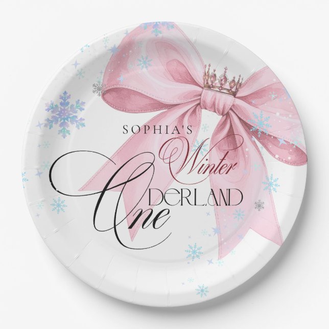 Winter ONEderland Pink Bow 1st Birthday Party Paper Plate (Front)