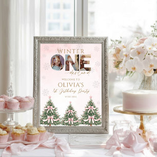Winter Onederland Pink Bow 1st Birthday Welcome Poster