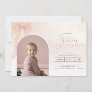 Winter ONEderland Pink Bow First Birthday Photo Invitation