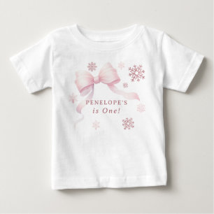 Winter Onederland Pink Bow Girl 1st Birthday Baby T-Shirt