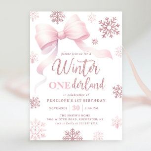 Winter Onederland Pink Bow Snowflake 1st Birthday Invitation