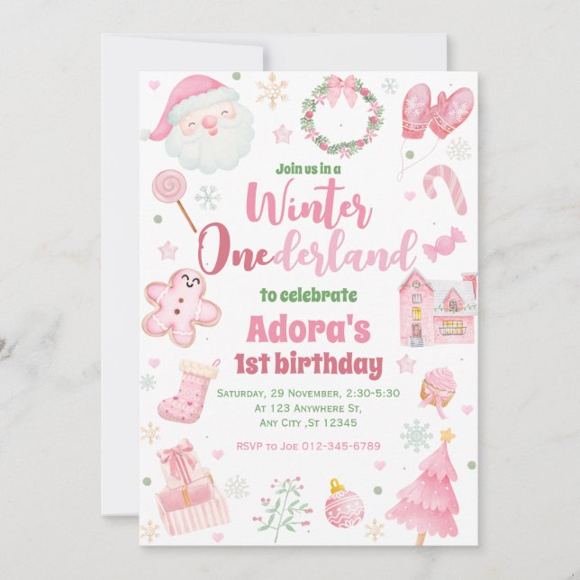 Winter ONEderland Pink Christmas Birthday Invite (Front)