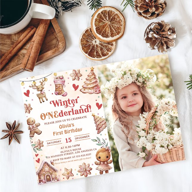 Winter Onederland Pink Christmas Cookie Photo Invitation (Creator Uploaded)