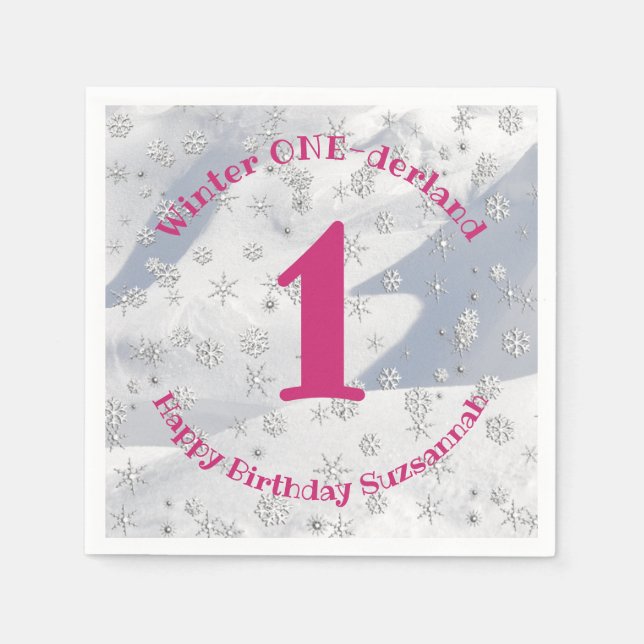 Winter ONEderland Pink First Birthday Snowflakes Napkin (Front)
