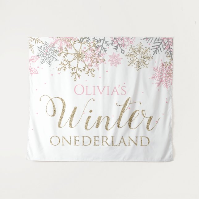 Winter Onederland Pink Girl First Birthday Tapestry (Front (Horizontal))