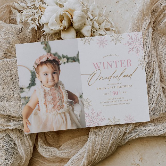 Winter Onederland Pink Glitter 1st Birthday Photo Invitation (Creator Uploaded)