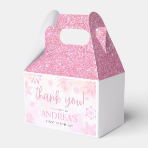 Winter ONEderland Pink Glitter Snowflake 1st Bday Favor Box