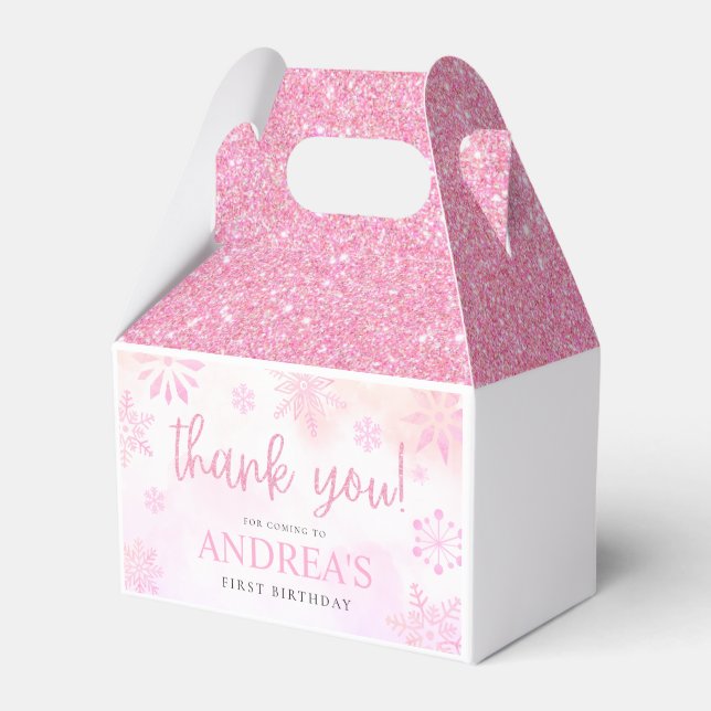 Winter ONEderland Pink Glitter Snowflake 1st Bday Favor Box (Front Side)