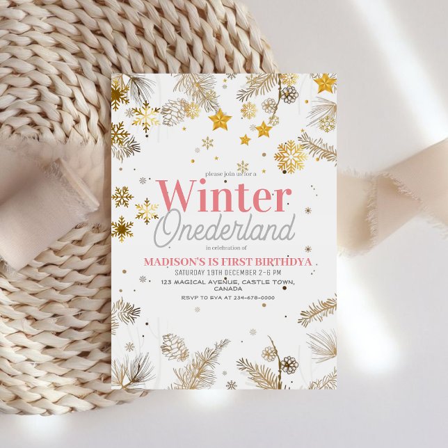 Winter Onederland Pink Gold Birthday Party 1st  Invitation (Creator Uploaded)