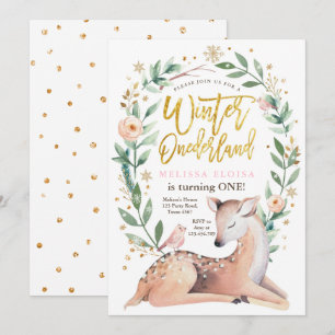 Winter ONEderland Pink Gold Girl Deer Birthday Invitation