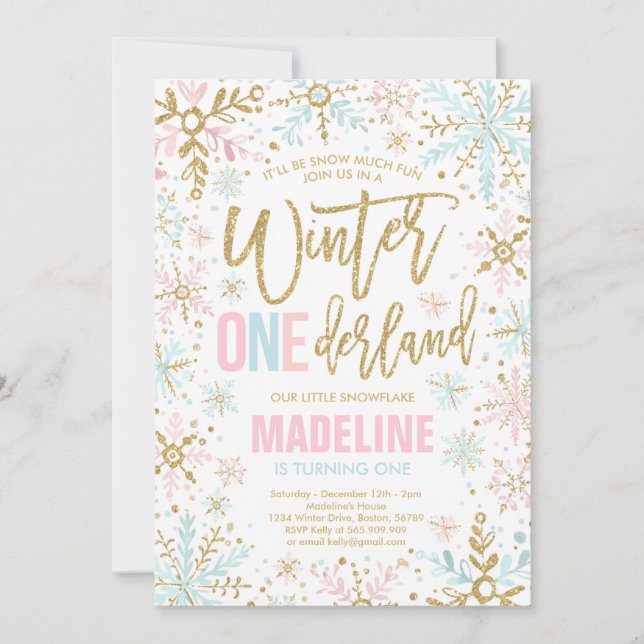 Winter ONEderland Pink Gold Snowflake 1st Birthday Invitation (Front)