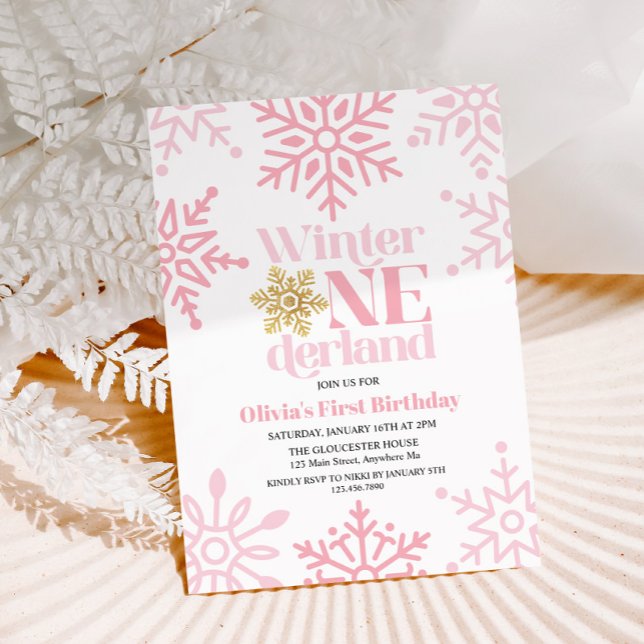 Winter Onederland Pink Gold Snowflake 1st Birthday Invitation (Creator Uploaded)