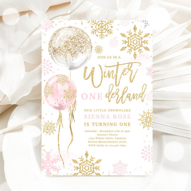 Winter Onederland Pink Gold Snowflake Birthday Invitation (Creator Uploaded)