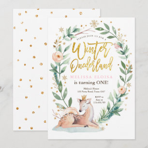 Winter ONEderland Pink Gold Woodland Deer Birthday Invitation