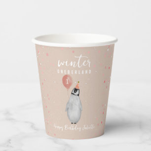 Winter Onederland Pink Penguin Balloon Birthday Paper Cups