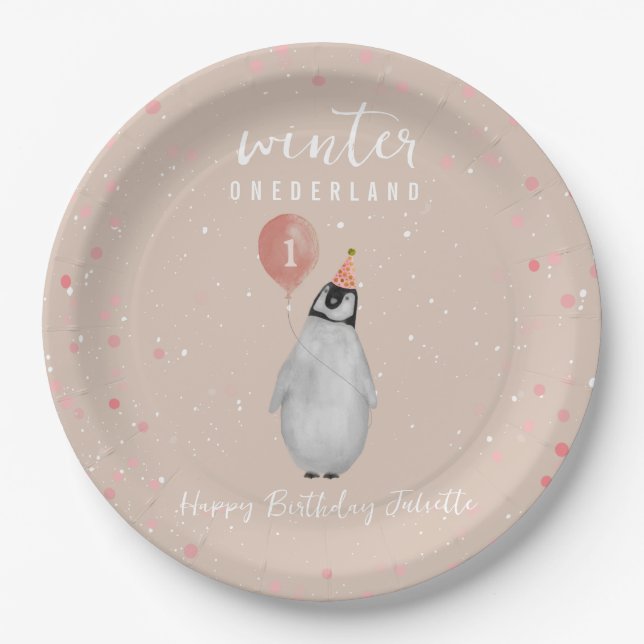 Winter Onederland Pink Penguin Balloon Birthday Paper Plate (Front)