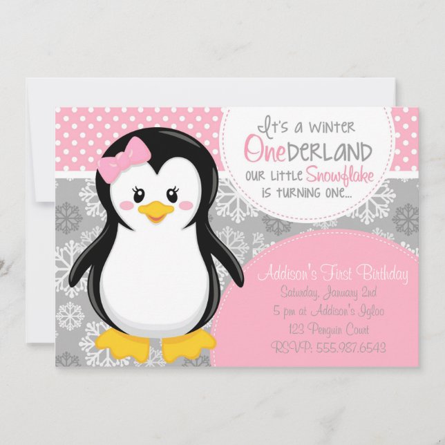 Winter ONEderland Pink Penguin Invitation (Front)