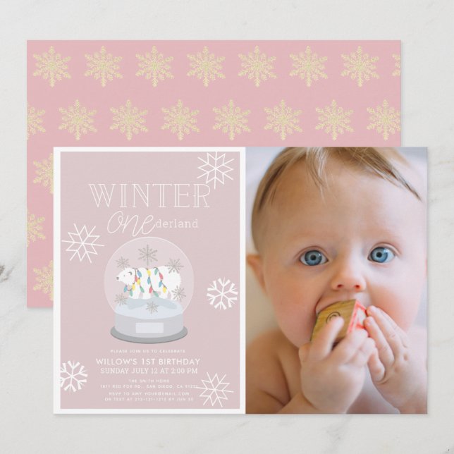 Winter Onederland Pink Photo 1st Birthday Invitation (Front/Back)