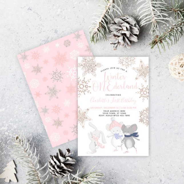 Winter ONEderland Pink Script 1st Birthday Invitation (Creator Uploaded)