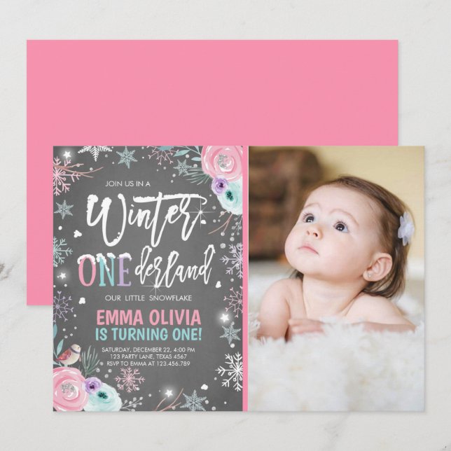 Winter ONEderland Pink Silver 1st Birthday Invitation (Front/Back)