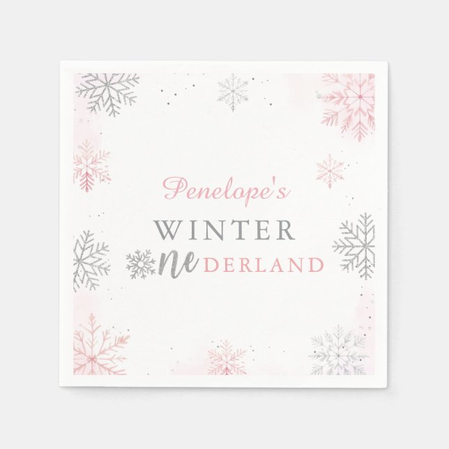 Winter Onederland Pink Silver 1st Birthday Napkin (Front)