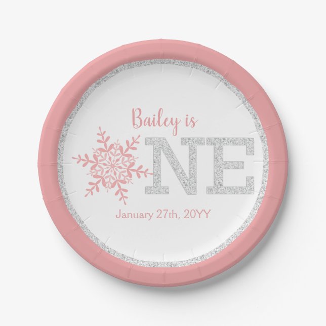 Winter ONEderland Pink Silver 1st Birthday Paper Plate (Front)