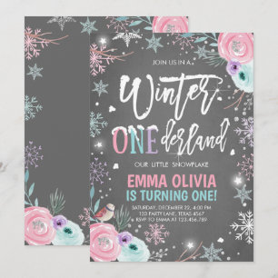 Winter ONEderland Pink Silver First Birthday Invitation