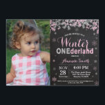 Winter Onederland Pink Silver Girl 1st Birthday Invitation<br><div class="desc">Rustic Winter Onederland Pink and Silver Girl 1st Birthday Invitation with custom photo. 1st First Birthday Party. Pink and Silver Glitter Snowflake. Girl Birthday Party Invitation. Winter Holiday Bday. 1st First Birthday. Chalkboard Background. Black and Silver. For further customization, please click the "Customize it" button and use our design tool...</div>