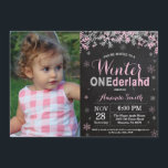 Winter Onederland Pink Silver Girl 1st Birthday Invitation<br><div class="desc">Rustic Winter Onederland Pink and Silver Girl 1st Birthday Invitation with custom photo. 1st First Birthday Party. Pink and Silver Glitter Snowflake. Girl Birthday Party Invitation. Winter Holiday Bday. 1st First Birthday. Chalkboard Background. Black and Silver. For further customization, please click the "Customize it" button and use our design tool...</div>