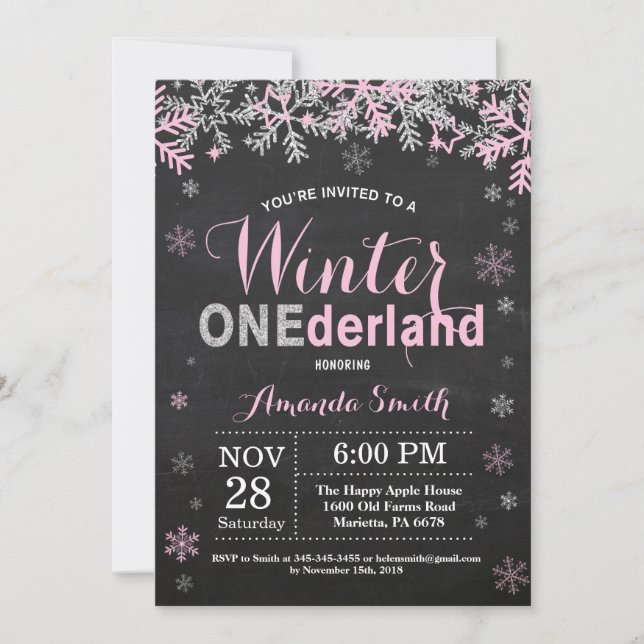 Winter Onederland Pink Silver Girl 1st Birthday Invitation (Front)
