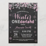 Winter Onederland Pink Silver Girl 1st Birthday Invitation<br><div class="desc">Winter Onederland Pink and Silver Girl 1st Birthday Invitation. 1st First Birthday Party. Pink and Silver Glitter Snowflake. Girl Birthday Party Invitation. Winter Holiday Bday. 1st First Birthday. Chalkboard Background. Black and White. For further customization, please click the "Customize it" button and use our design tool to modify this template...</div>